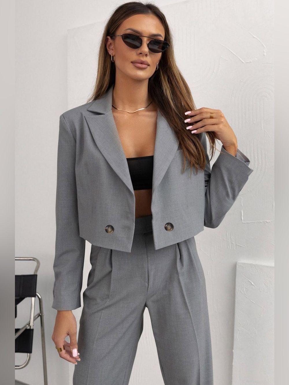 SHAZIA CROPPED BUTTON DETAIL BLAZER JACKET-GREY